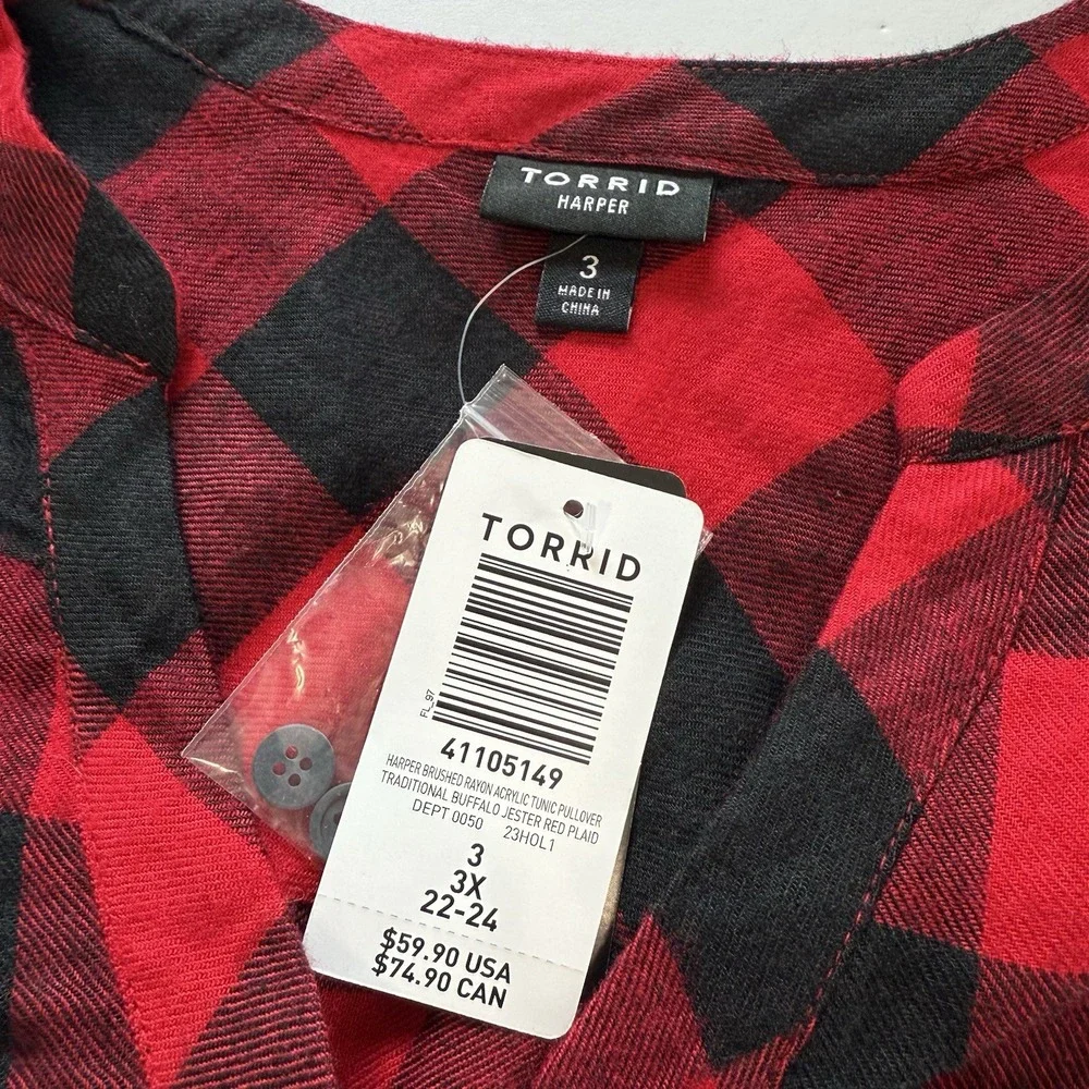 Torrid Lizzie Black Red Buffalo Plaid Twill Button Up Long Sleeve‎ Shirt Size 3X
